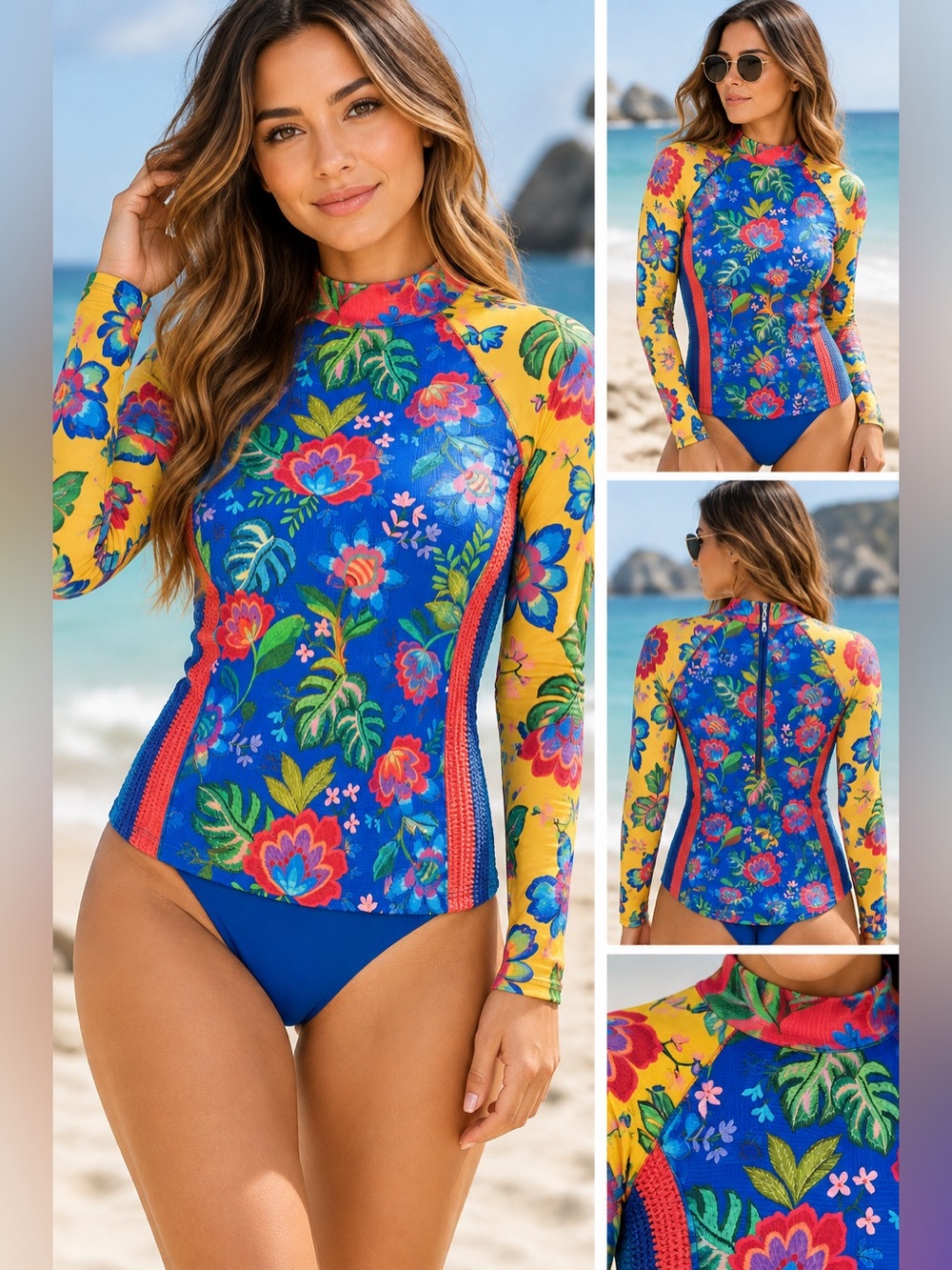 Johnny Was Floral Long Sleeve Rash Guard Swim Top Crochet Side Panels Size M
